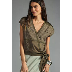 Anthropologie Tiny Cara Wrap Top Olive Women’s Size Small Blouse, Lace, Tie